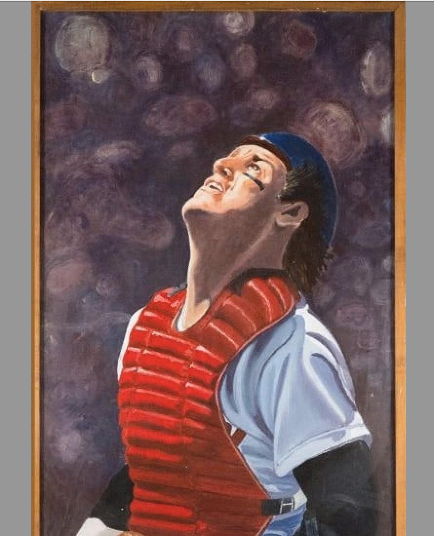 Detail of monumental portrait of Red Sox player Carlton Fisk, which hung in McCoy Stadium in Pawtucket, Rhode Island, estimated at $2,000-$3,000 at Bruneau & Co.